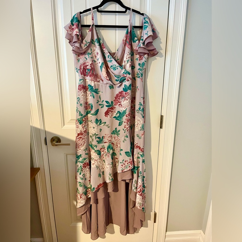Pink floral off-the-shoulder hi-lo flounce dress